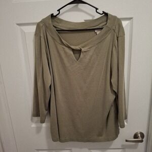 Chico's Size XXL Olive Green Twisted Keyhole Neck 3/4 Sleeve Casual‎ Knit Top